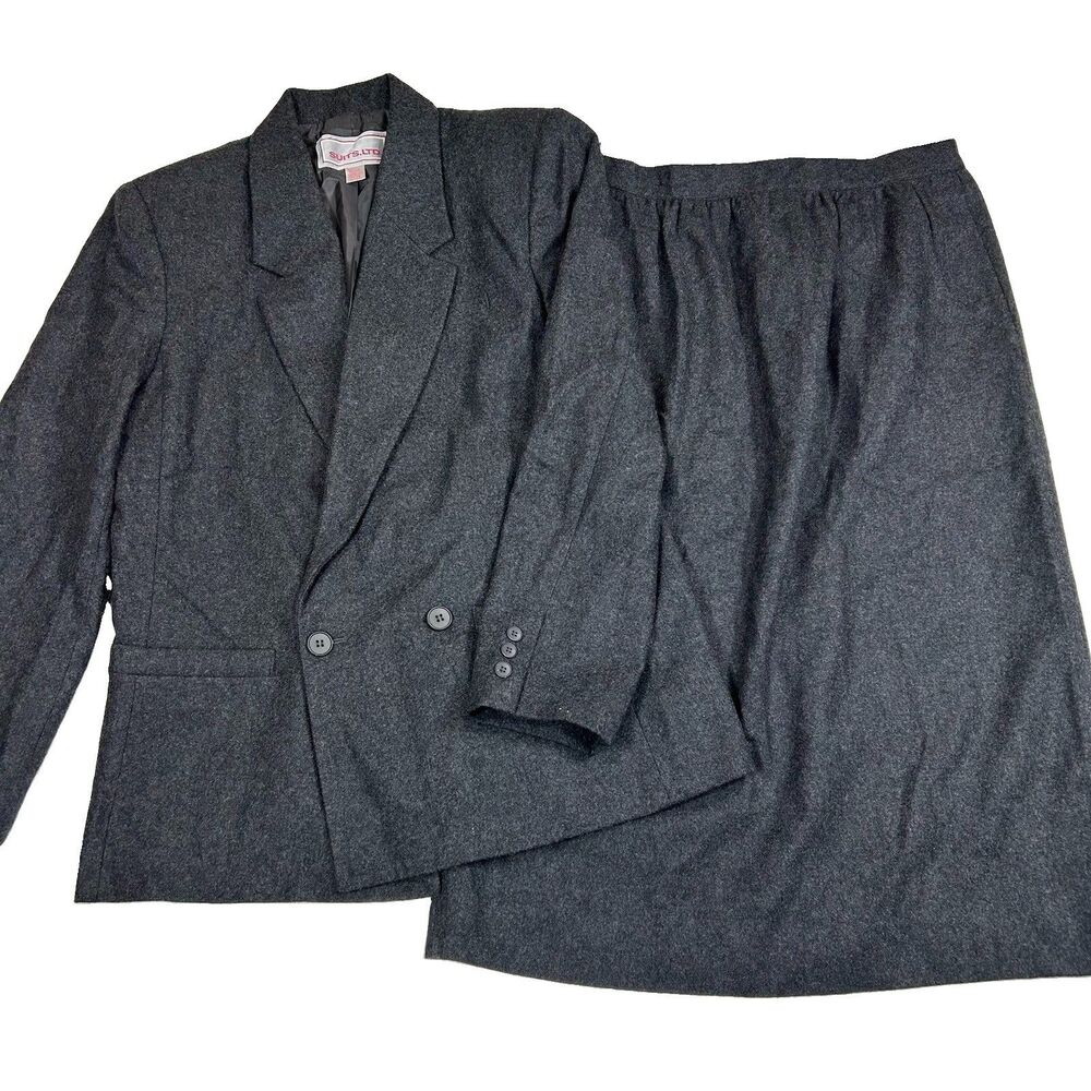 Vintage Suits LTD Skirt Suit Women 14 Gray Double Breast Blazer Wool Academia